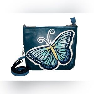 BRIGHTON Blue Leather Crossbody Bag pouch embroidered butterfly design.